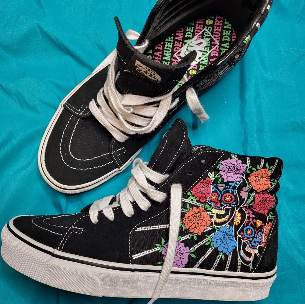 Vans Sk8-Hi Dia De Los Muertos Black & White Skate Shoes Size 10.5